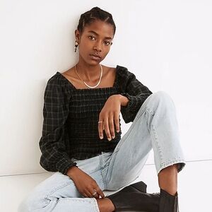 NWT Madewell Lucie Bubble-Sleeve Smocked Top in Plaid, XL